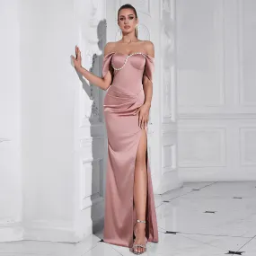 Elegant Off Shoulder Tube Top with Diamond Slit Formal Dress