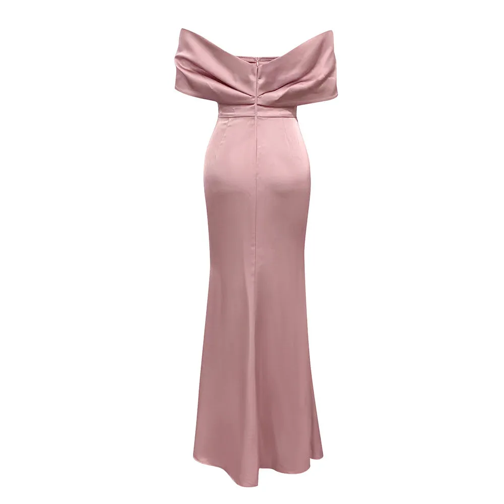 Elegant Off Shoulder Tube Top with Diamond Slit Formal Dress