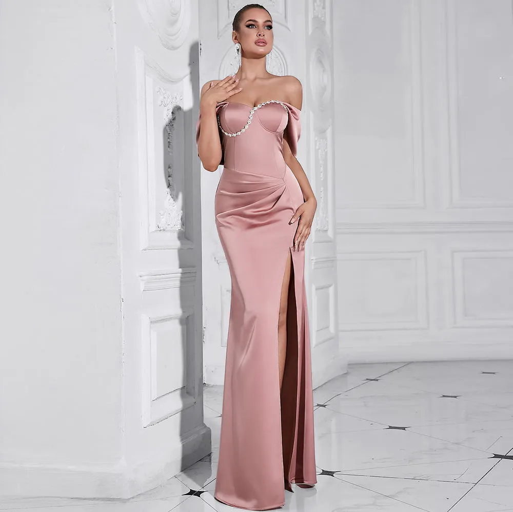 Elegant Off Shoulder Tube Top with Diamond Slit Formal Dress