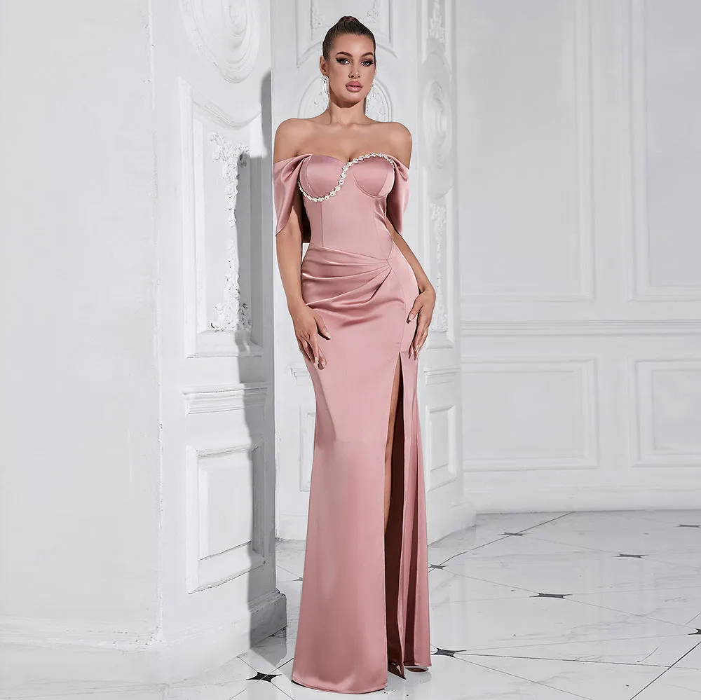 Elegant Off Shoulder Tube Top with Diamond Slit Formal Dress