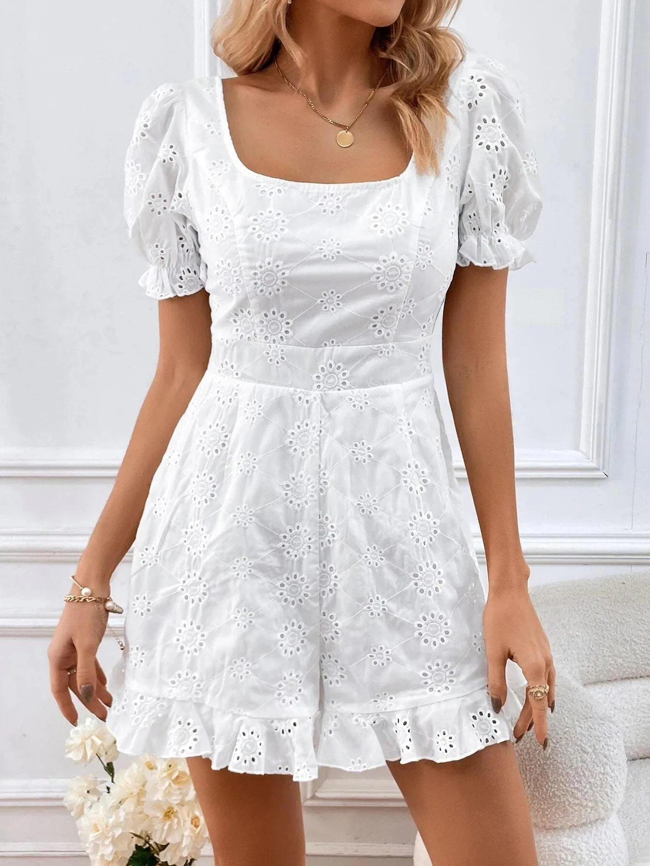Embroidery Puff Sleeve Ruffle Hem Schiffy Romper