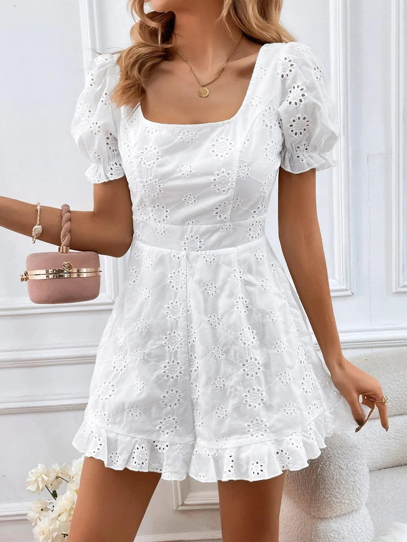 Embroidery Puff Sleeve Ruffle Hem Schiffy Romper