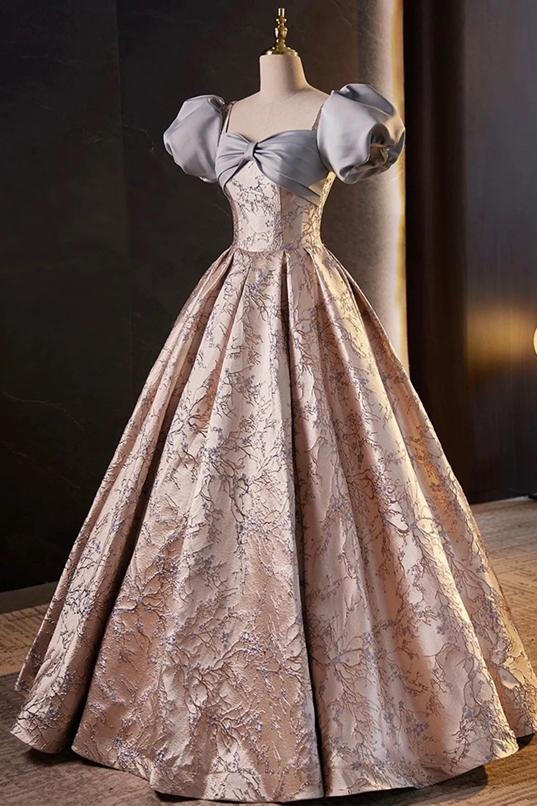 Fashion Floor-Length Printing Prom Dresses, A-Line Short Sleeve Backless Evening Formal Dresses