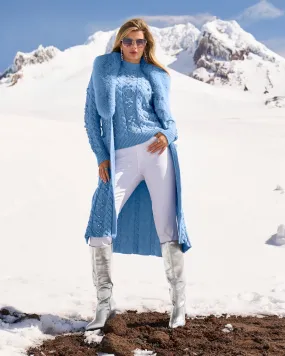 Faux Fur Embellished Cable Duster Clear Blue Sky