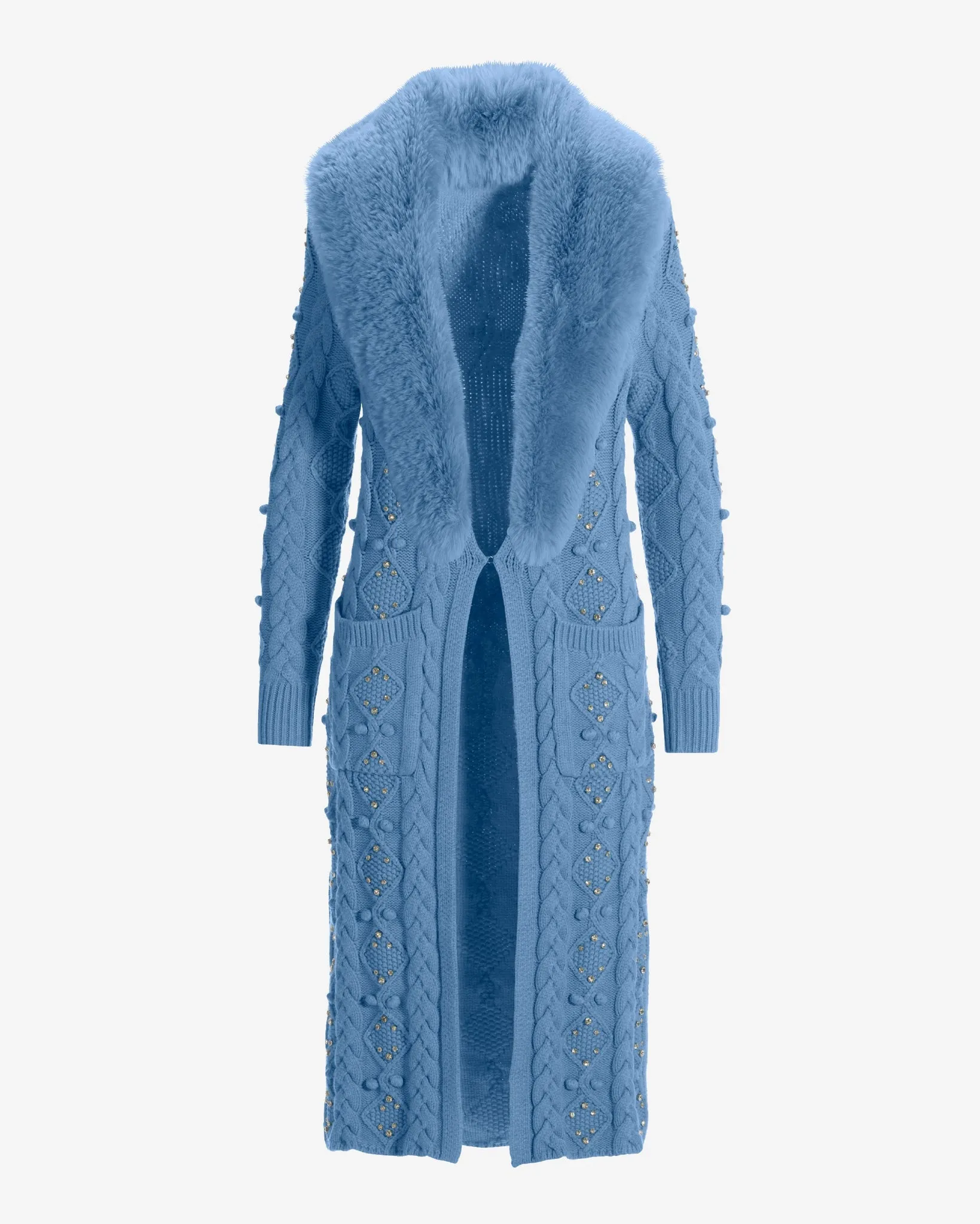 Faux Fur Embellished Cable Duster Clear Blue Sky