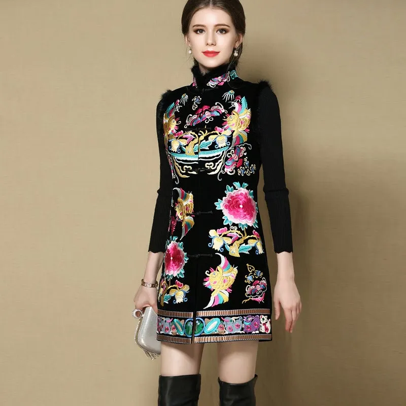 Floral & Birds Embroidery Fur Collar & Edge Chinese Waistcoat Vest