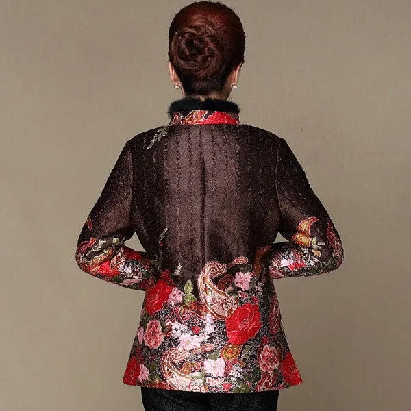 Fur Collar & Cuff Floral Linen Chinese Style Women's Wadded Coat