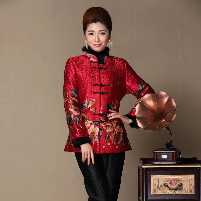 Fur Collar & Cuff Floral Linen Chinese Style Women's Wadded Coat