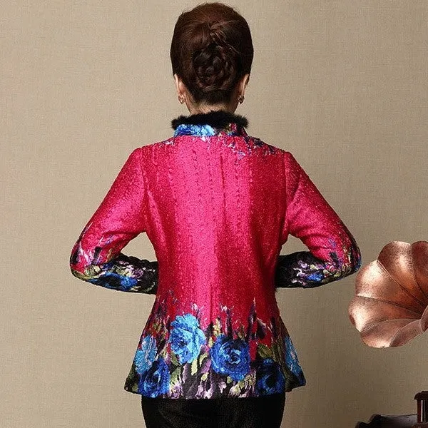 Fur Collar & Cuff Floral Linen Chinese Style Women's Wadded Coat