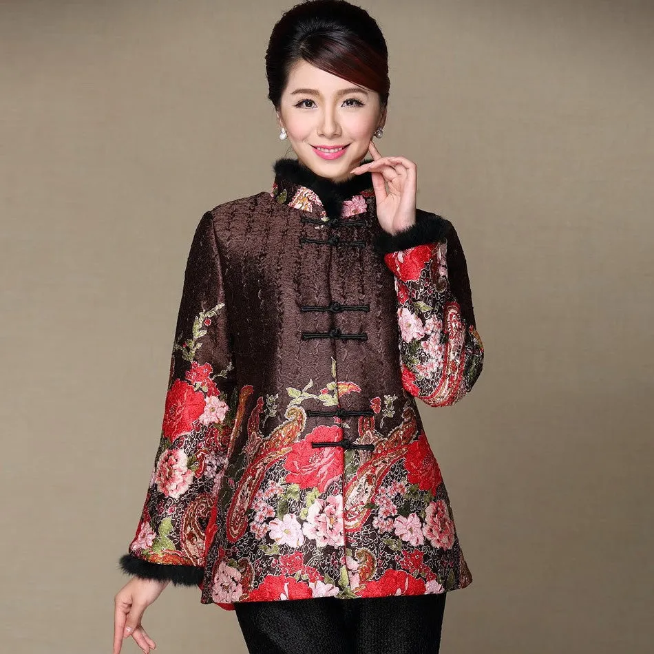 Fur Collar & Cuff Floral Linen Chinese Style Women's Wadded Coat