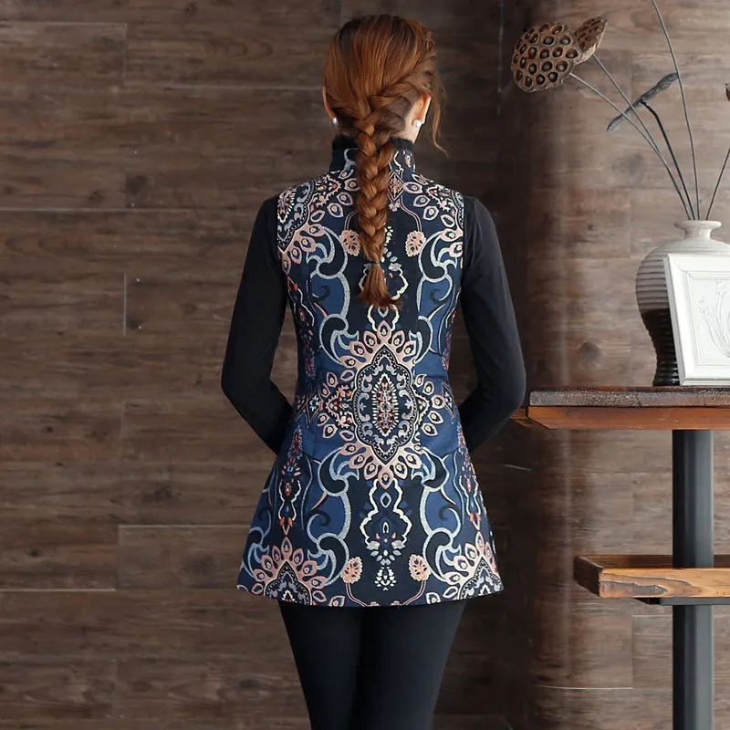 Fur Collar & Edge Auspicious Pattern Chinese Style Wadded Waistcoat Vest