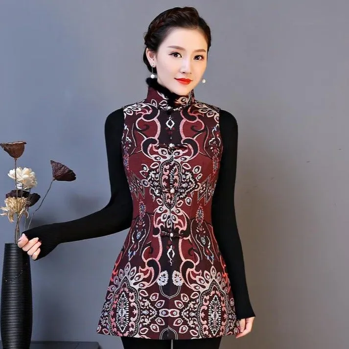 Fur Collar & Edge Auspicious Pattern Chinese Style Wadded Waistcoat Vest