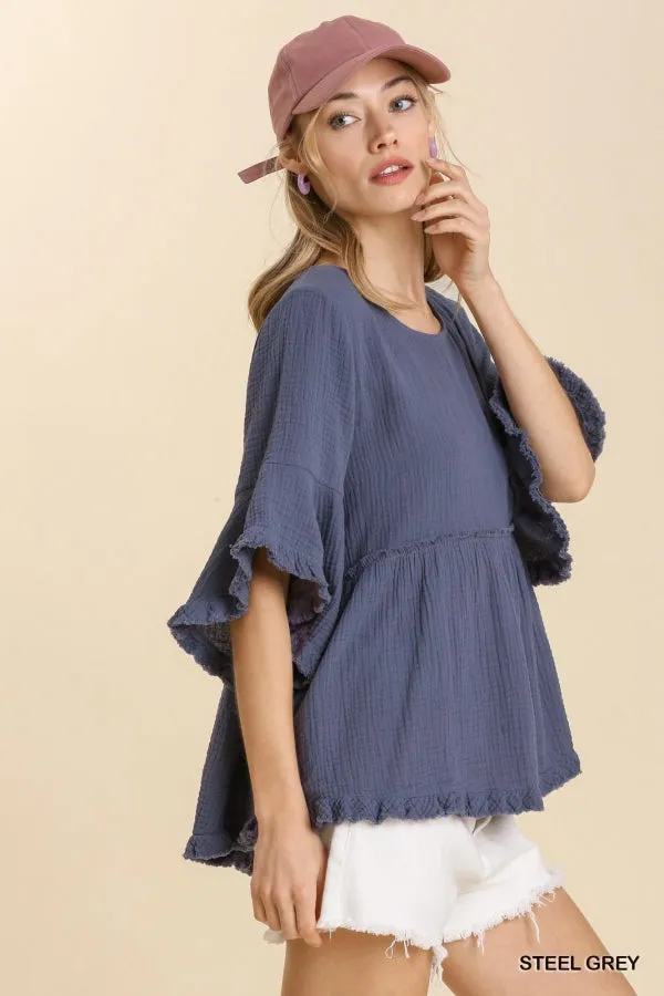 Gauze Round Neck Short Bell Sleeve Babydoll Top (Steel Gray)