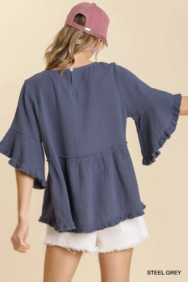 Gauze Round Neck Short Bell Sleeve Babydoll Top (Steel Gray)