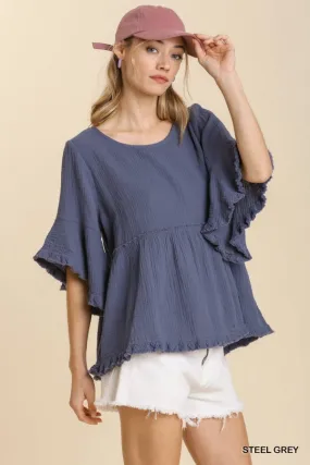Gauze Round Neck Short Bell Sleeve Babydoll Top (Steel Gray)