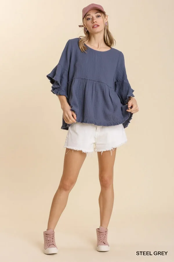 Gauze Round Neck Short Bell Sleeve Babydoll Top (Steel Gray)