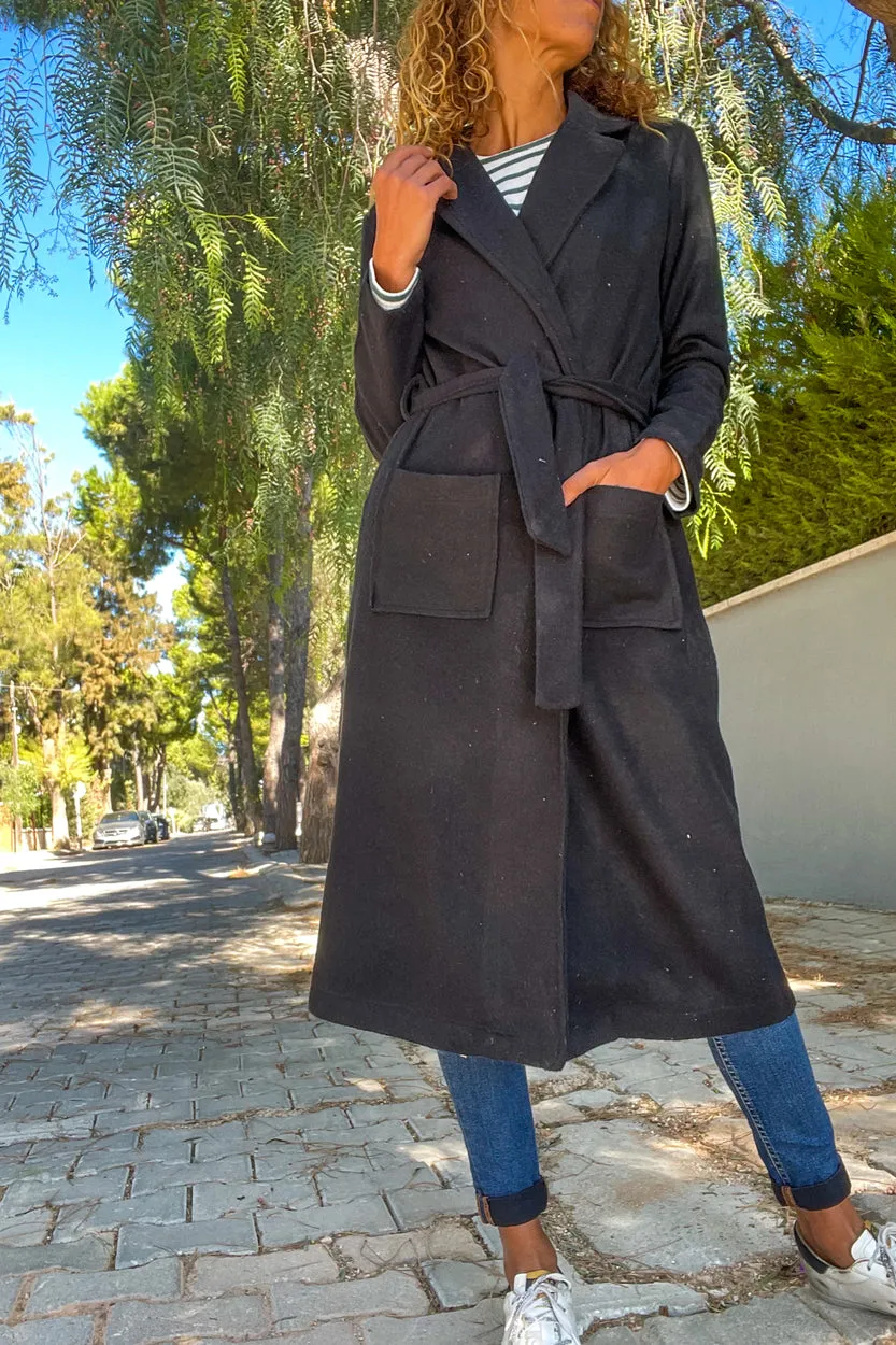 GNS Woman Black Jacket Collar Belted Pocketed Coat Bst3310 - Manchester
