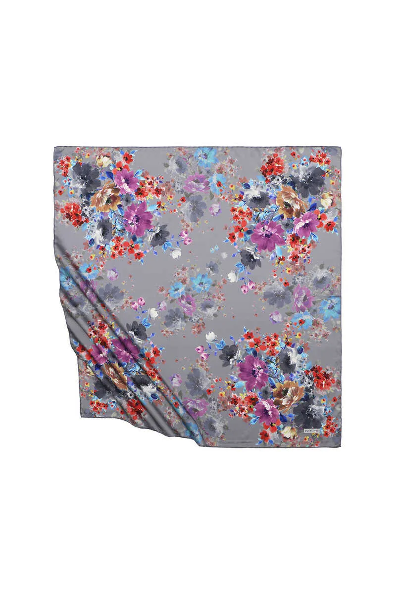 Gray Geranium Pattern Silky Square Scarf