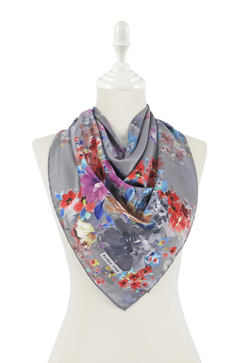 Gray Geranium Pattern Silky Square Scarf