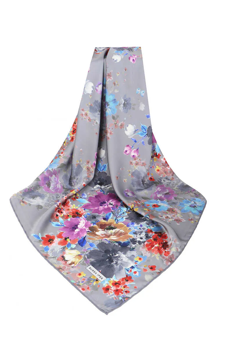 Gray Geranium Pattern Silky Square Scarf