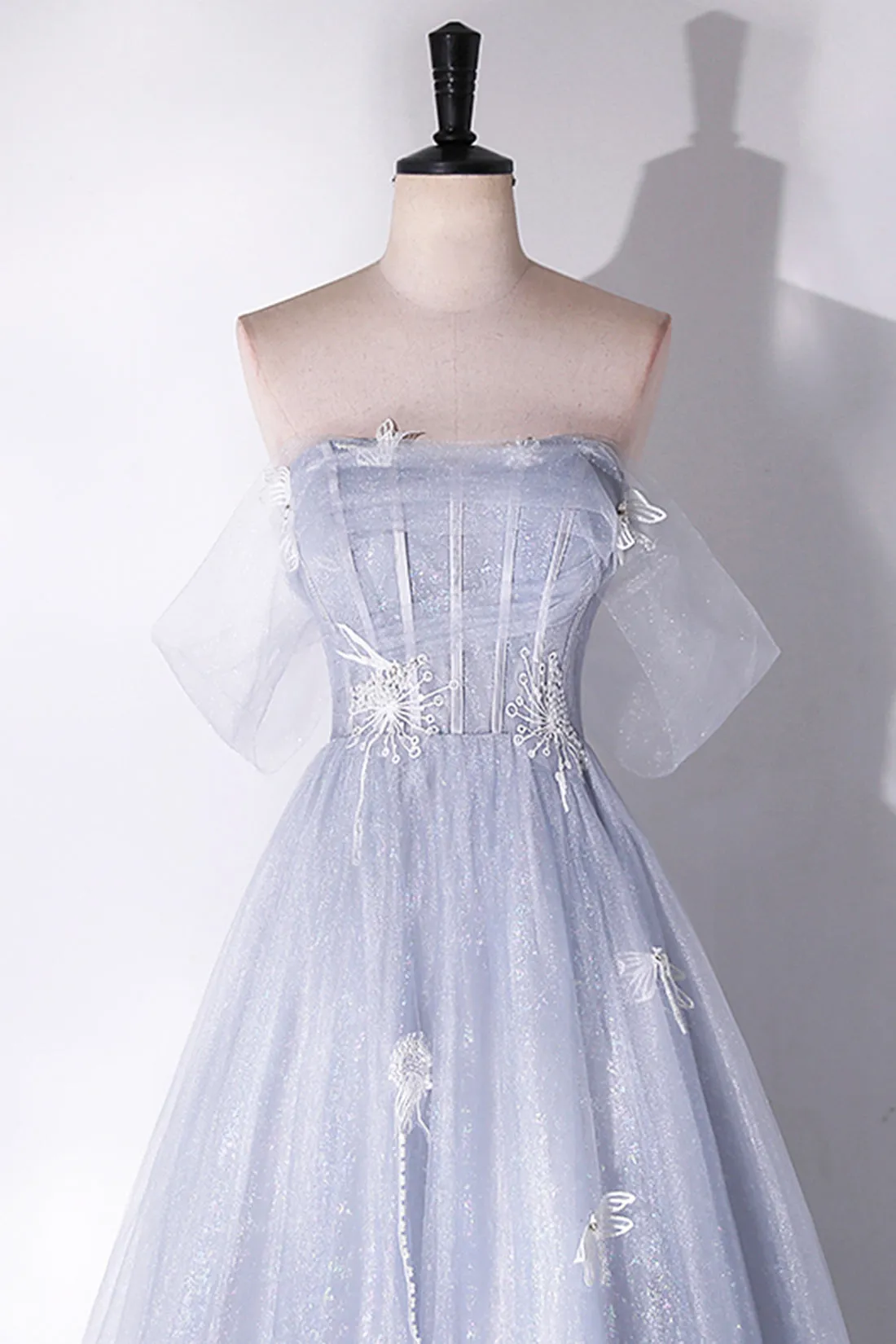 Gray Tulle Long Off the Shoulder Floor Length Prom Dress