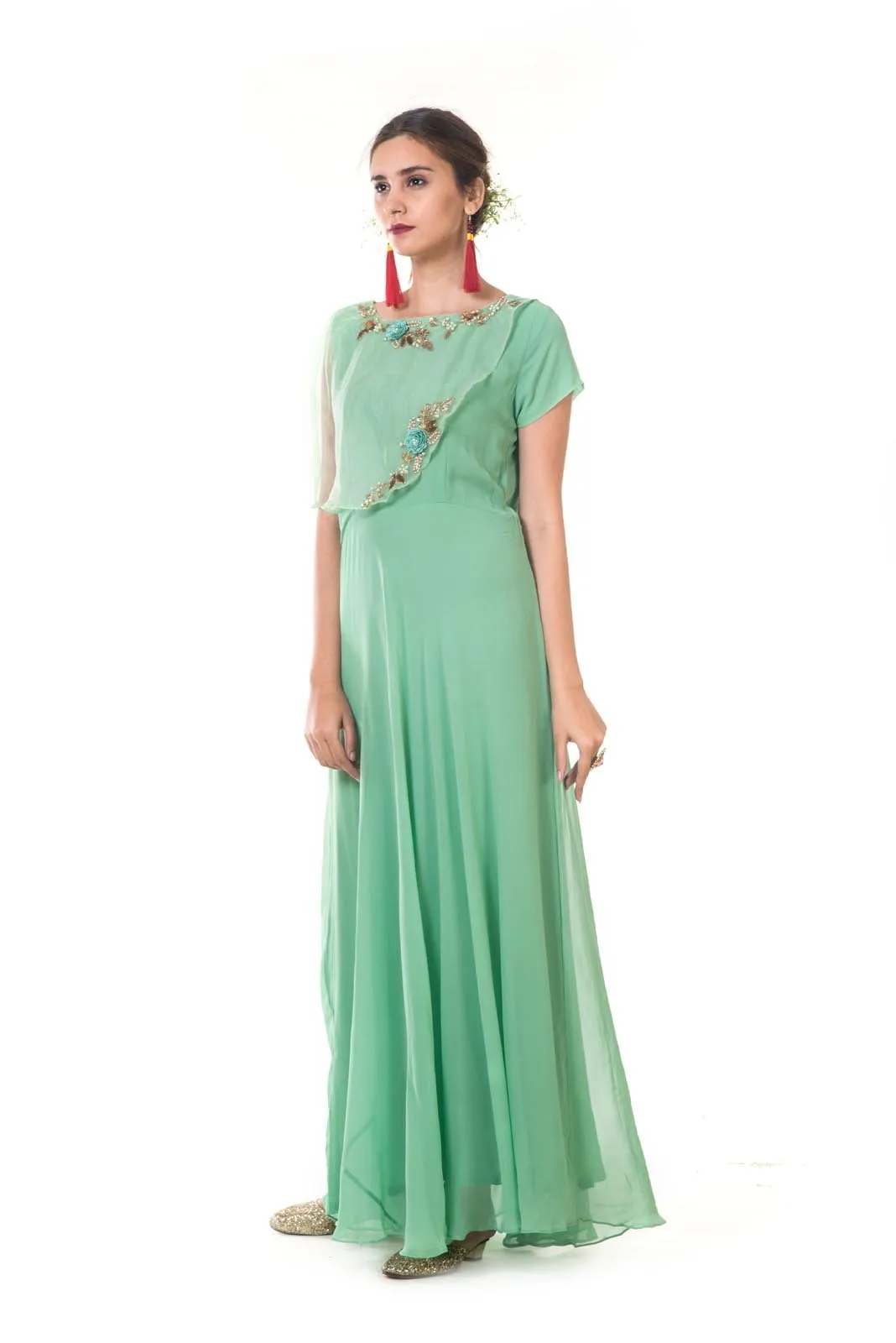 Green Hand Embroidered One Side Attached Cape Gown