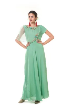 Green Hand Embroidered One Side Attached Cape Gown