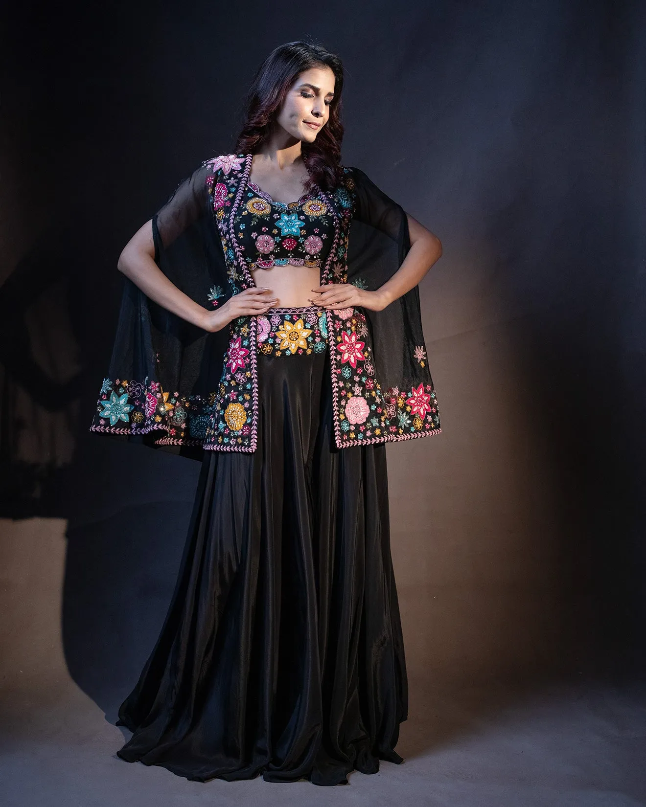 Ink Blue Floral Embellished Fusion Jacket Set