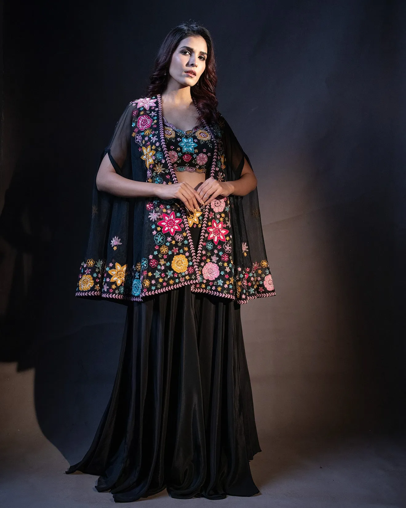 Ink Blue Floral Embellished Fusion Jacket Set
