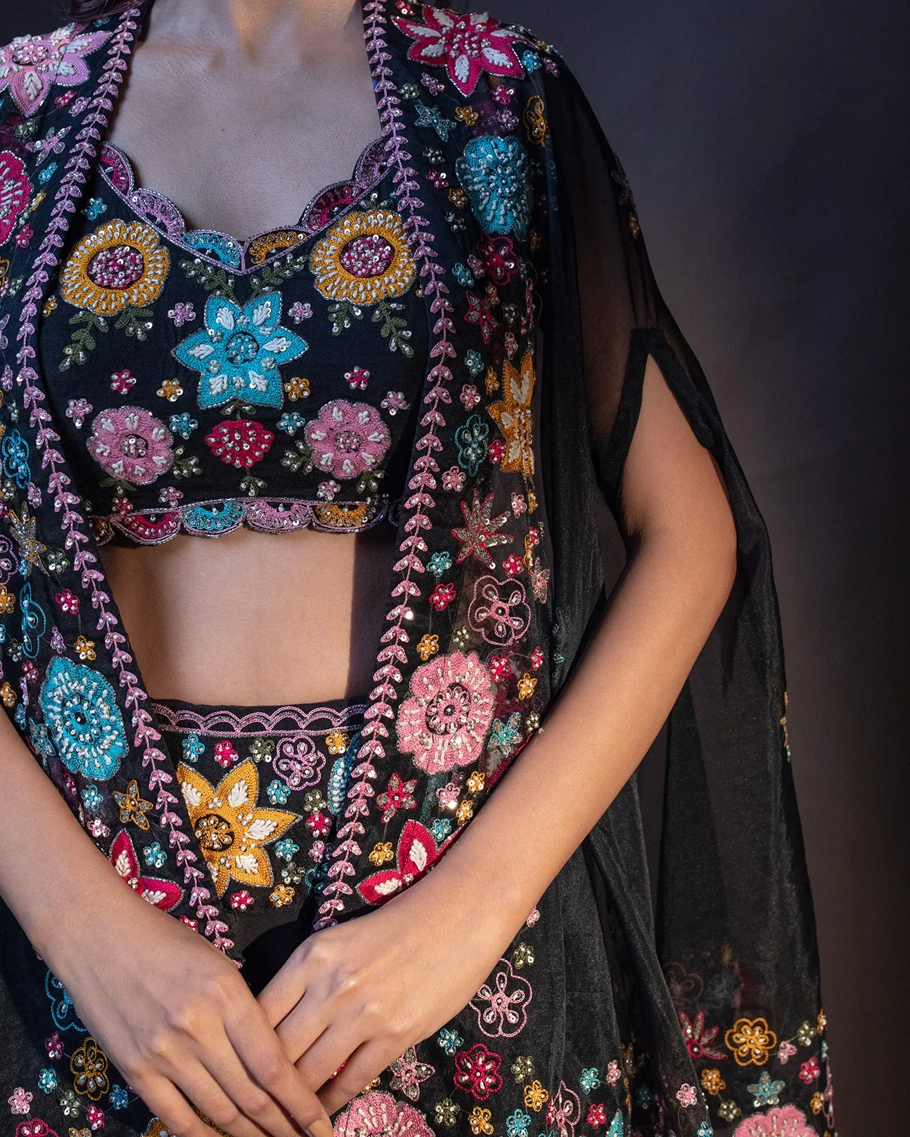 Ink Blue Floral Embellished Fusion Jacket Set