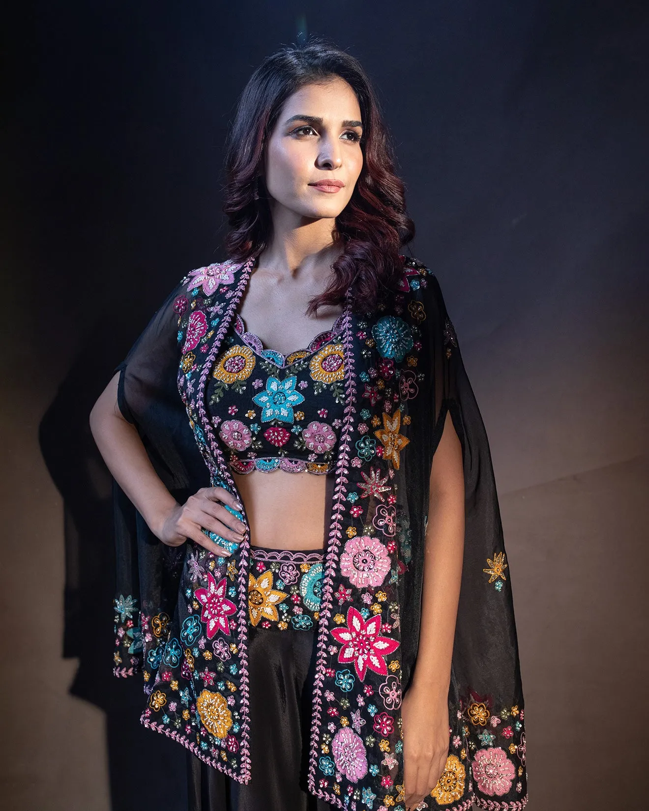 Ink Blue Floral Embellished Fusion Jacket Set