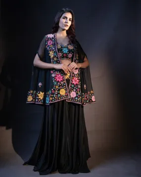 Ink Blue Floral Embellished Fusion Jacket Set