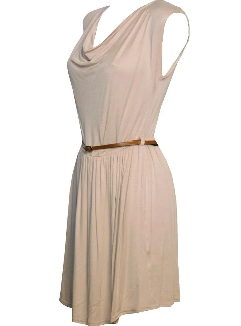 Ladies Beige Sleeveless Skater Dress With Belt