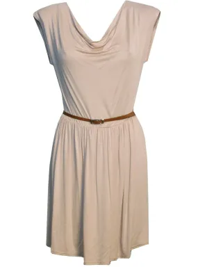 Ladies Beige Sleeveless Skater Dress With Belt