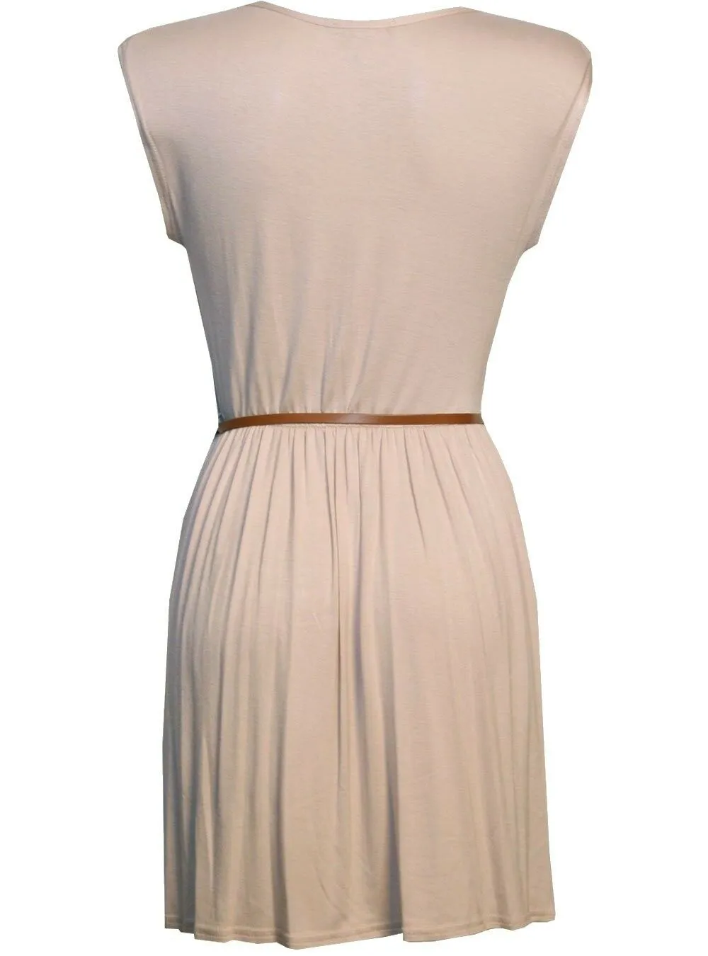 Ladies Beige Sleeveless Skater Dress With Belt