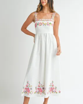Linen Embroidered Midi Dress - Off White