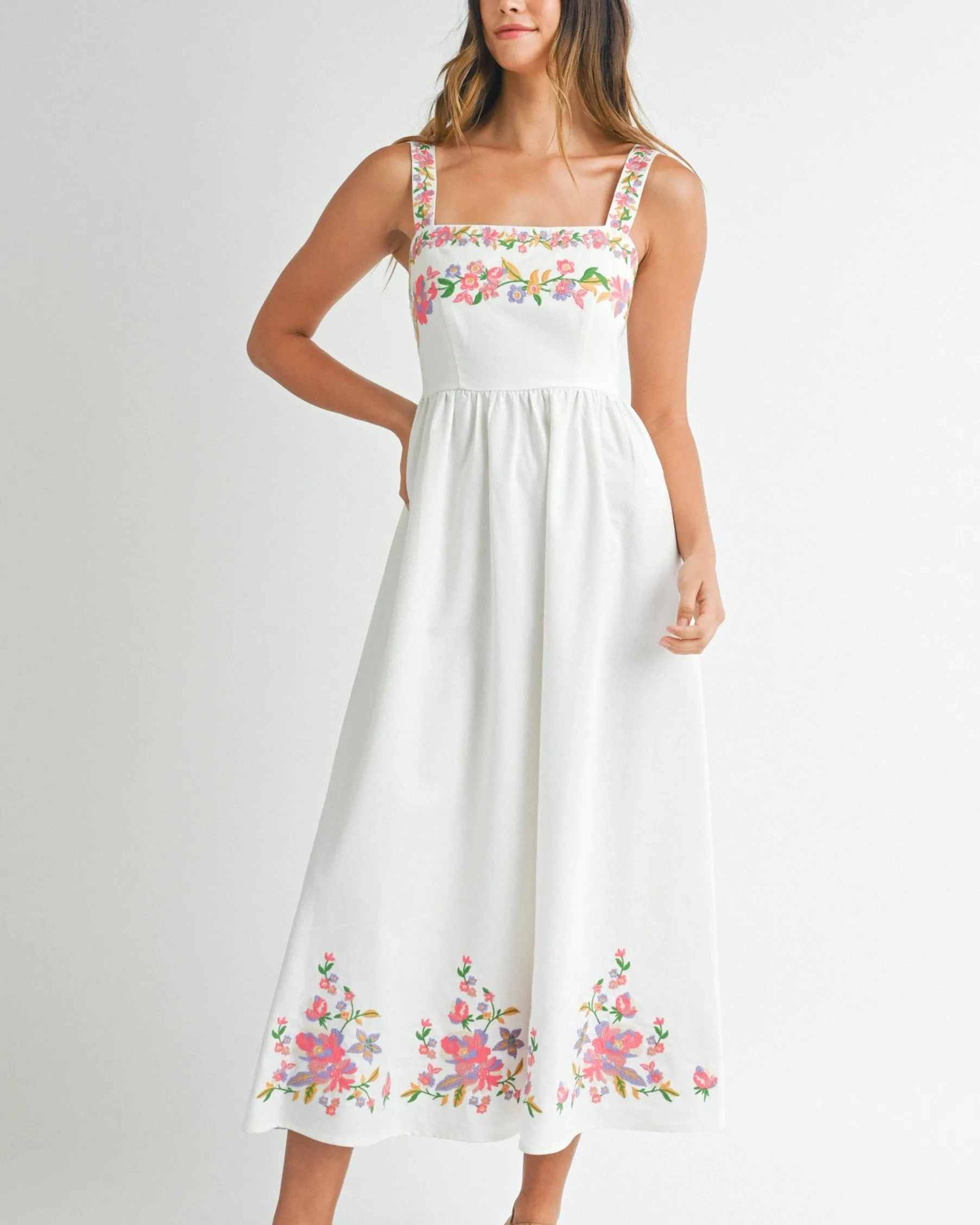 Linen Embroidered Midi Dress - Off White