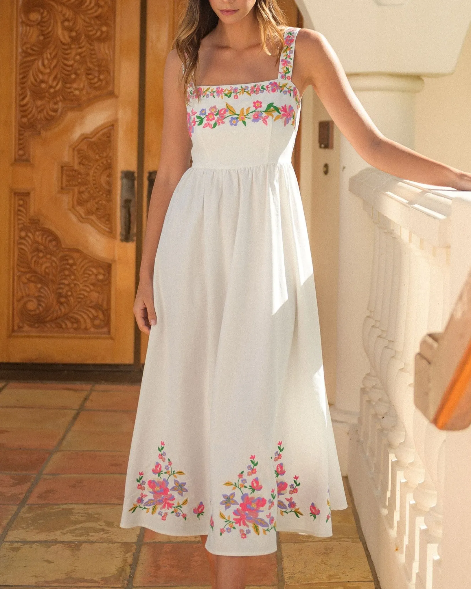 Linen Embroidered Midi Dress - Off White