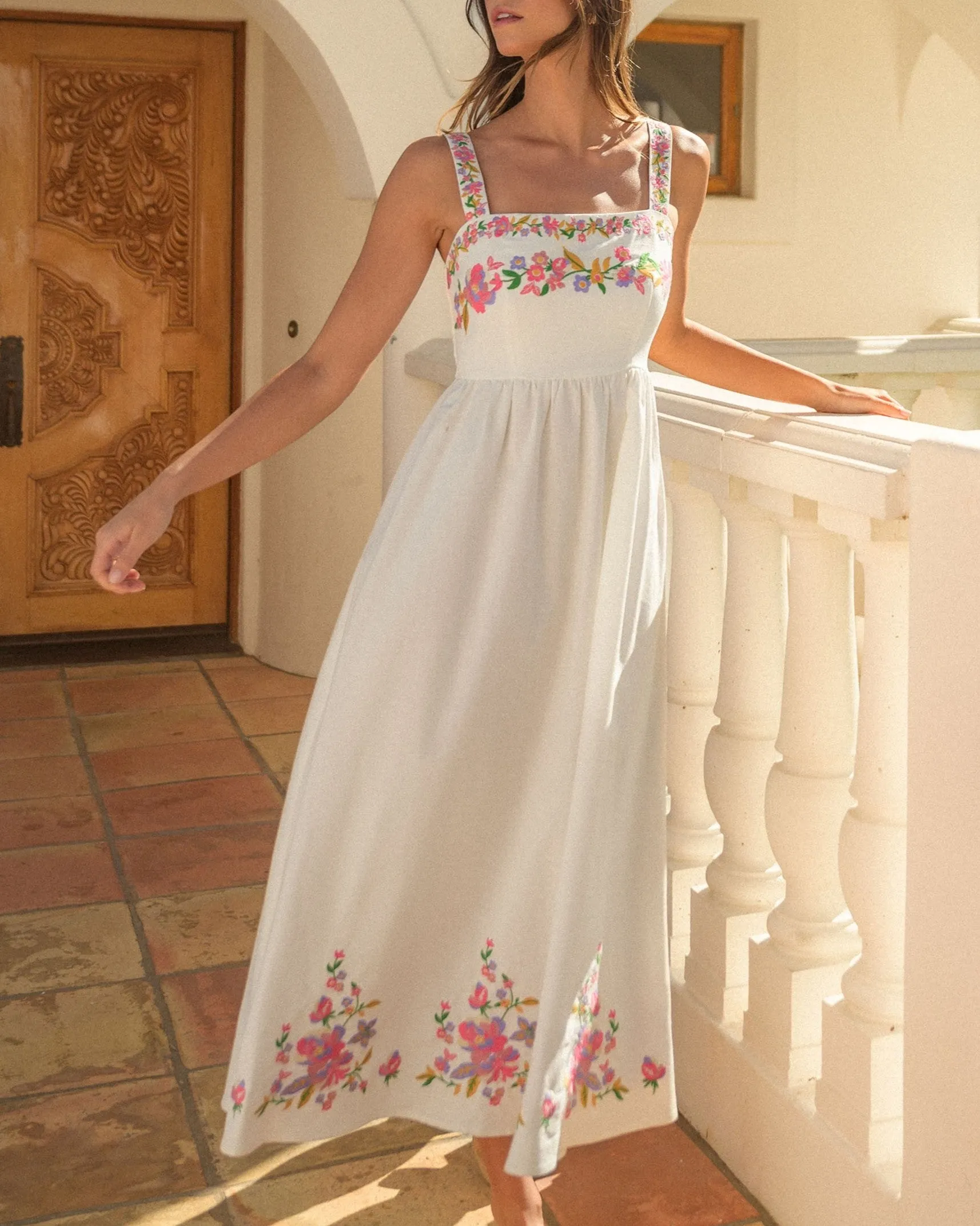 Linen Embroidered Midi Dress - Off White