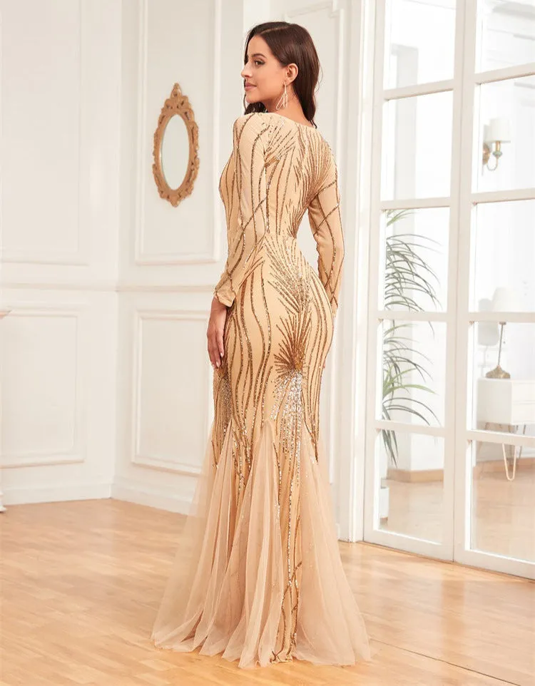 Long Sleeve Sequin Round Neck Evening Dress