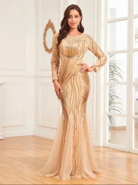 Long Sleeve Sequin Round Neck Evening Dress