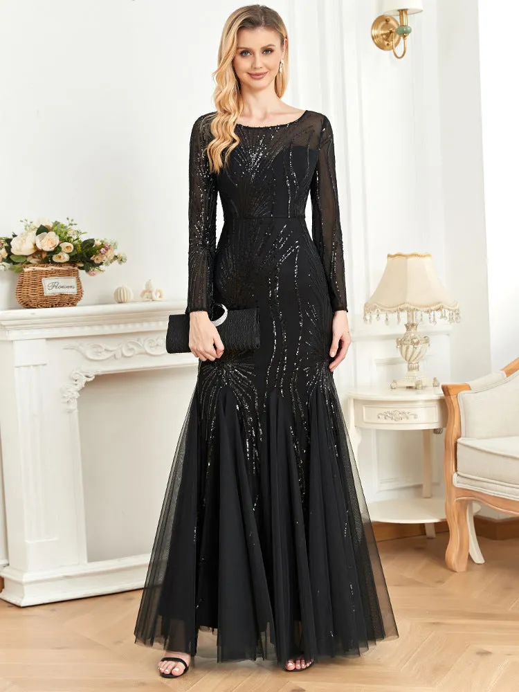 Long Sleeve Sequin Round Neck Evening Dress