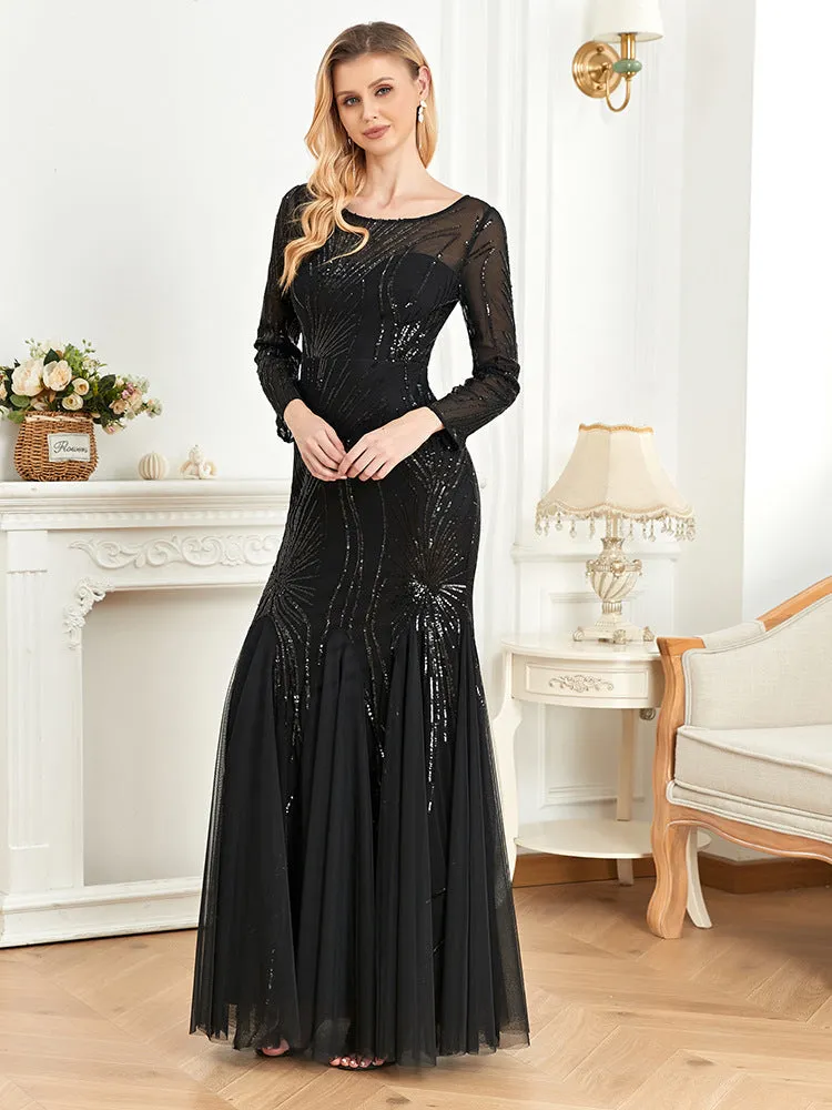 Long Sleeve Sequin Round Neck Evening Dress