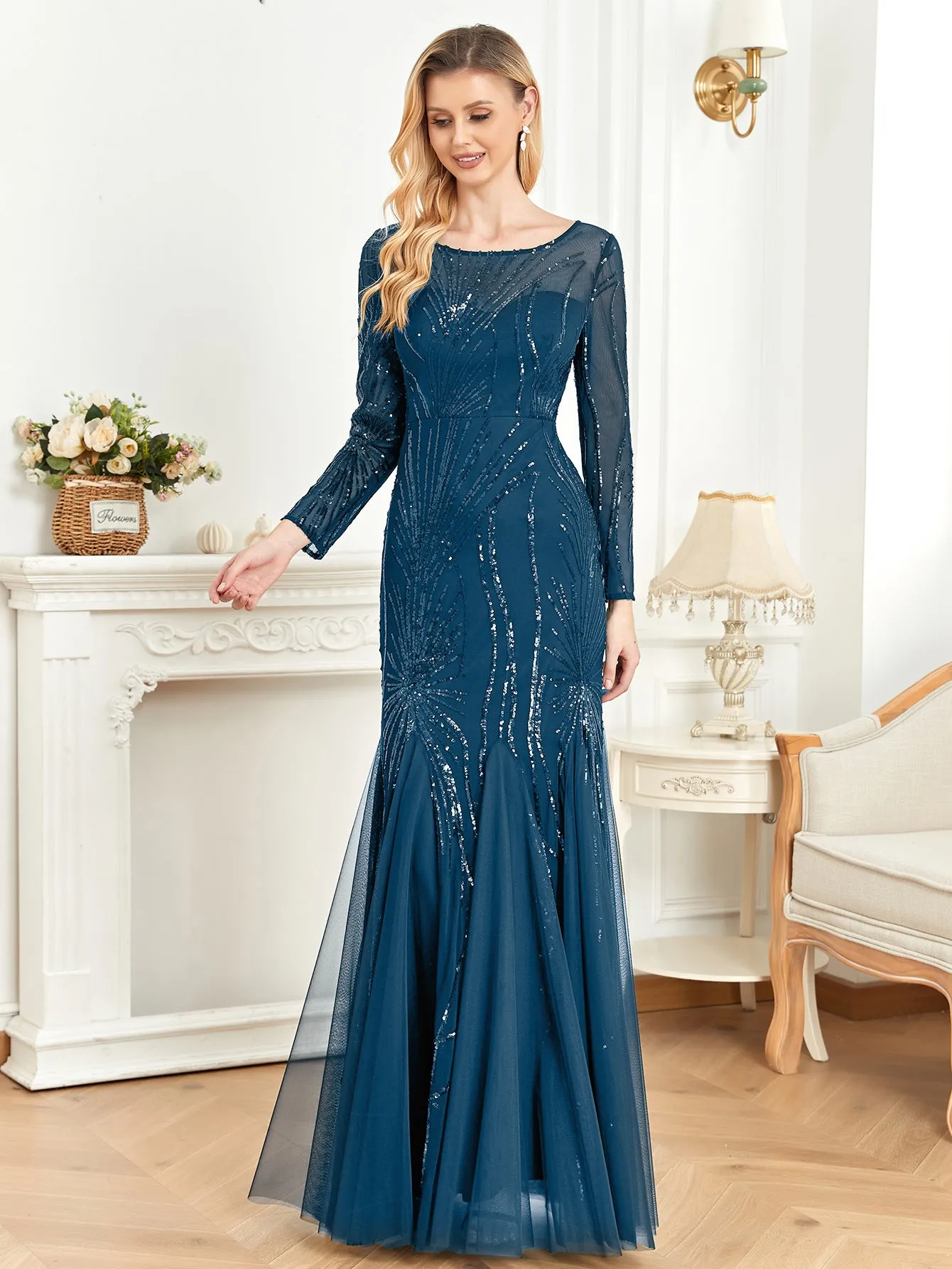 Long Sleeve Sequin Round Neck Evening Dress