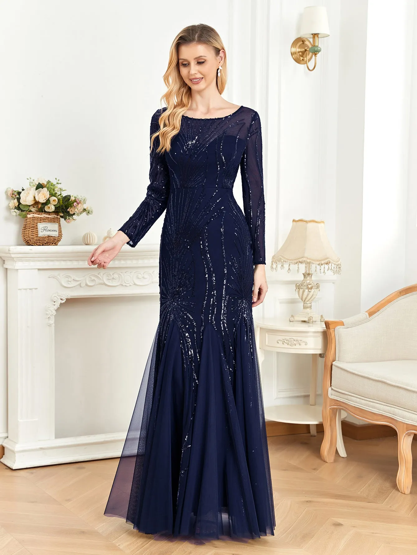 Long Sleeve Sequin Round Neck Evening Dress