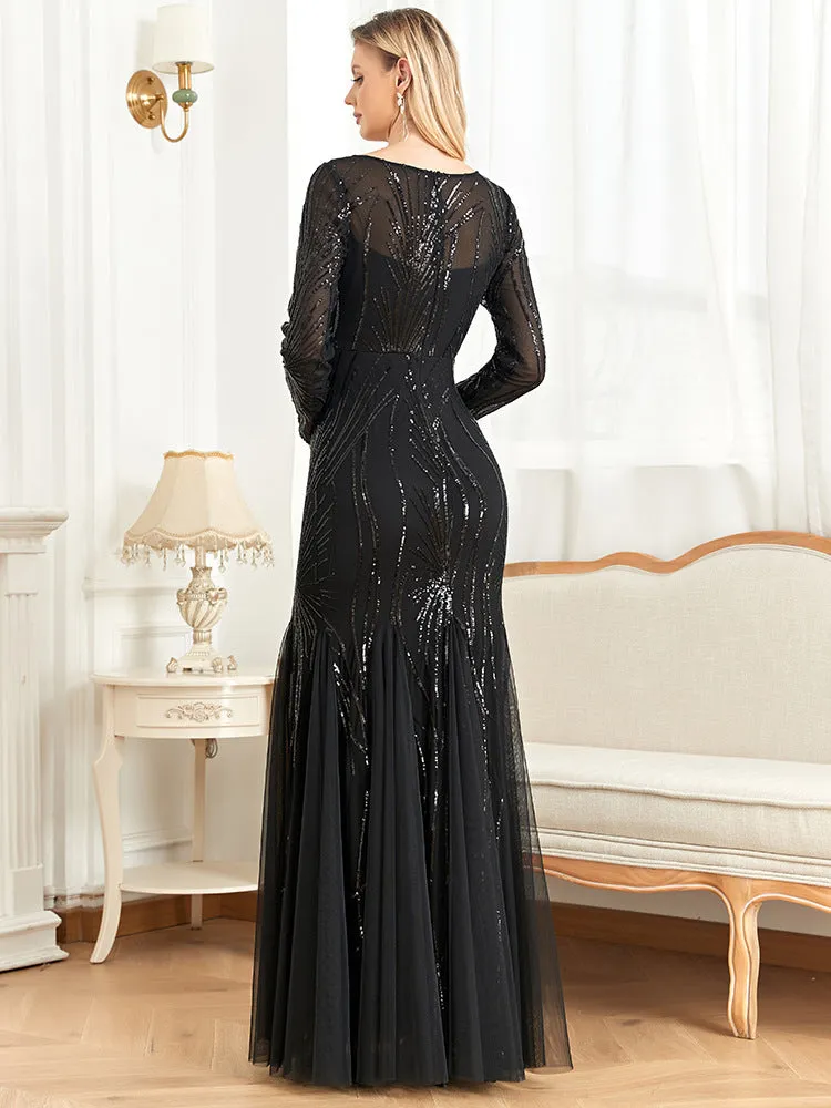 Long Sleeve Sequin Round Neck Evening Dress
