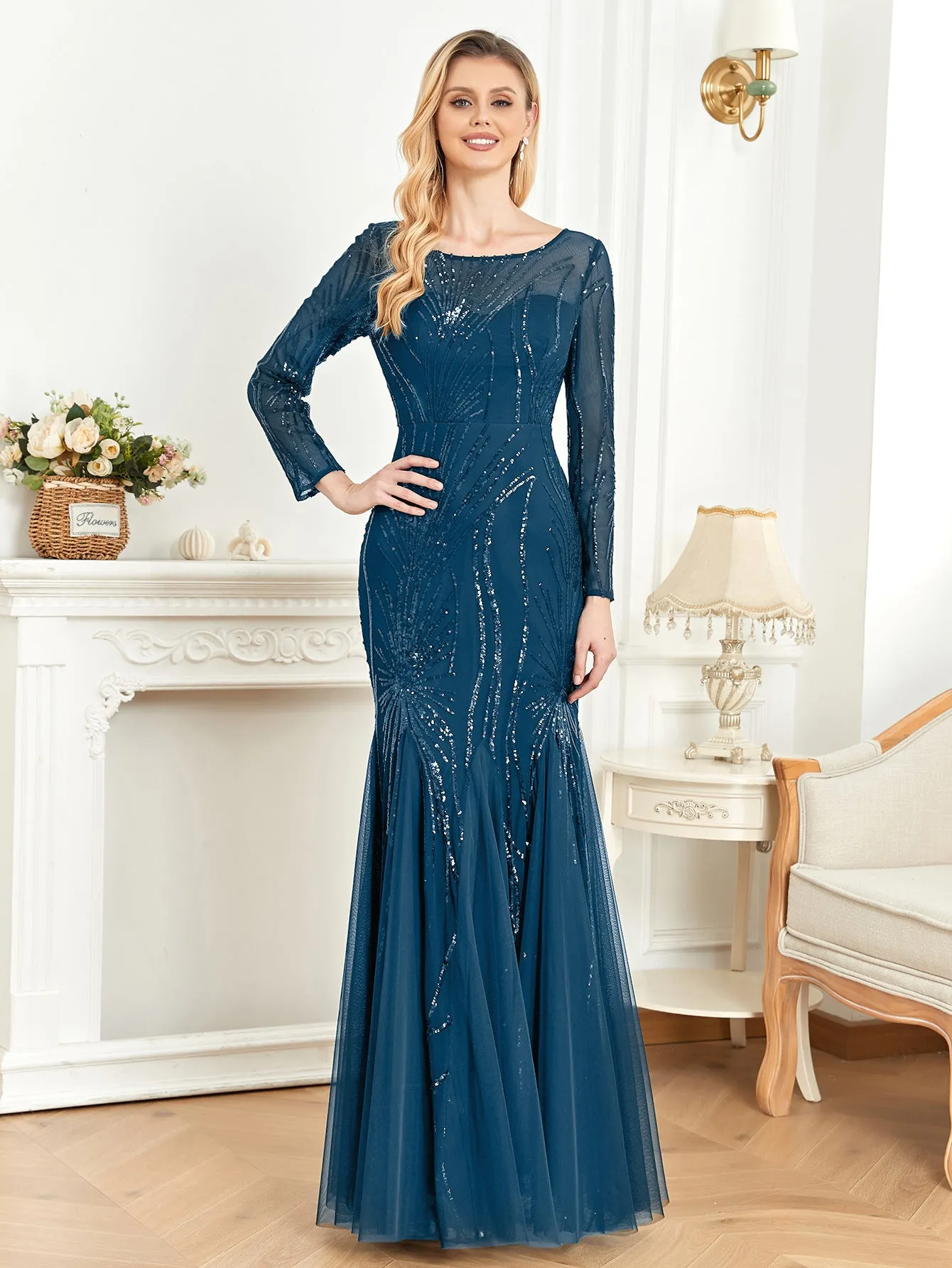 Long Sleeve Sequin Round Neck Evening Dress