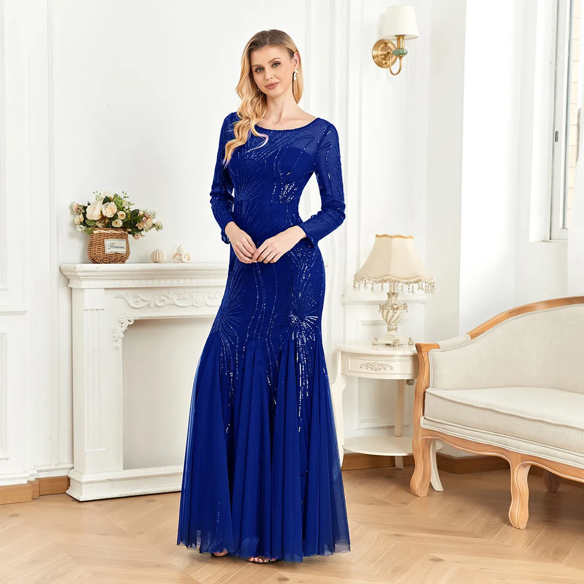 Long Sleeve Sequin Round Neck Evening Dress