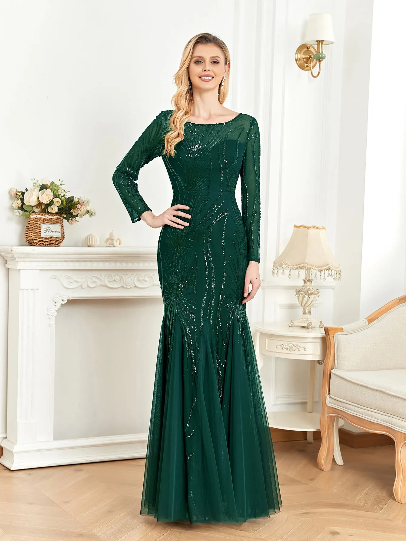 Long Sleeve Sequin Round Neck Evening Dress