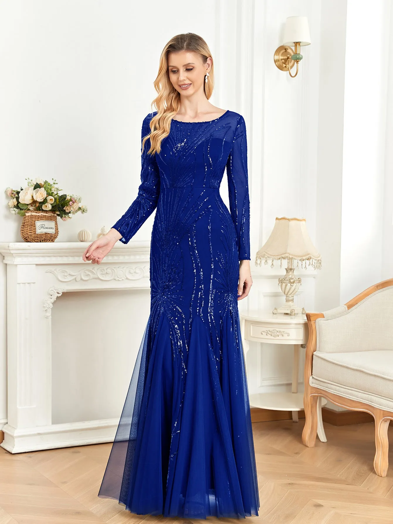 Long Sleeve Sequin Round Neck Evening Dress